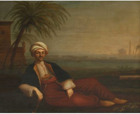 *** Pigoul (c.1822)Portrait of a European in Arab costume reclining with a pipe by a river, a mosque in the distanceinscribed