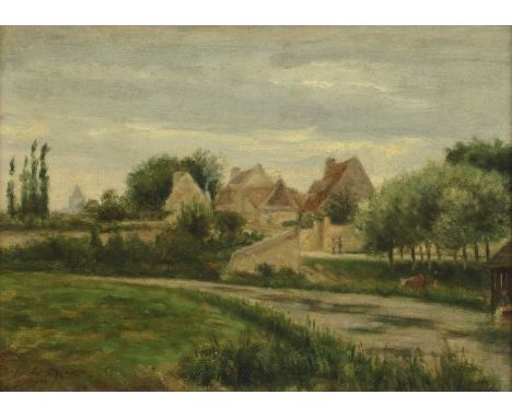 Stanislas Lépine (French, 1835-1892)A river landscape with a village signed 'S Lepine' l.l., oil on board 20.5 x 28cmProvenan