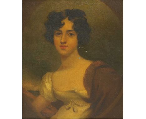 Follower of Sir Thomas LawrencePortrait of a young lady, half-length, in a white dress and red wrapoil on canvas 35.5 x 30.5c