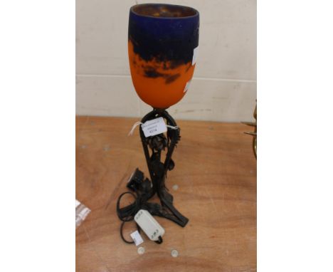 French signed Art Nouveau small table lamp with orange and purple glass shade  and wrought iron base