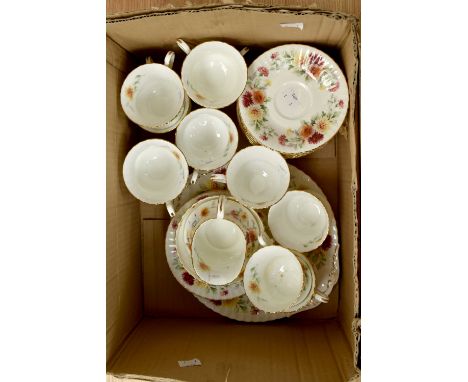 Paragon part tea service in Autumn Glory pattern, 11 cups and saucers, milk jug, sugar bowl, cake/sandwich plate and 5 side p