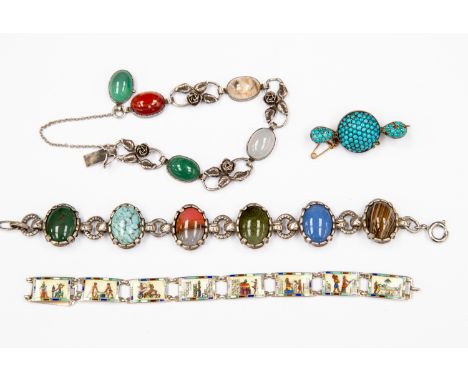 A Victorian turquoise and white metal brooch, a white metal and polished agate bracelet A/F a 1920's Egyptian enamel bracelet