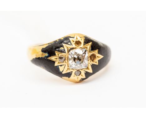 A Victorian diamond mourning ring, 18ct gold with  black enamel shoulders, the old cushion cut diamond weighting approx 0.25 