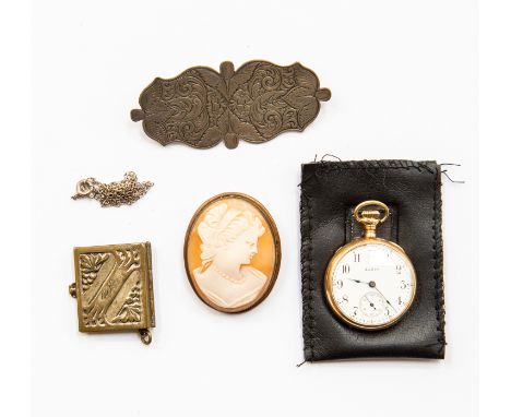 A keystone watch company Elgin gold plated ladies fob watch, white enamel dial, numbers and subsidiary, case diameter approx 