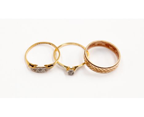 A 9ct gold wedding ring, weight approx 2.3gms, along with two stone set gold ring, combined total gross weight approx 2.3gms 