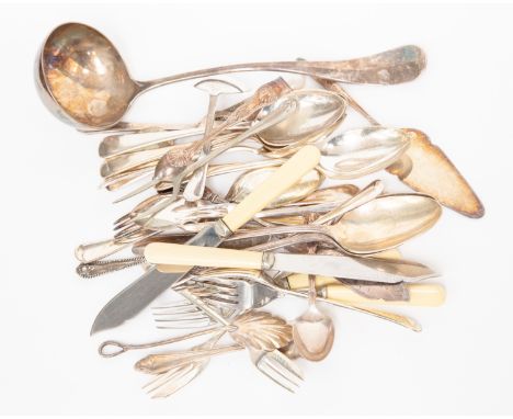 An EPNS ladle, tablespoons and assorted cutlery