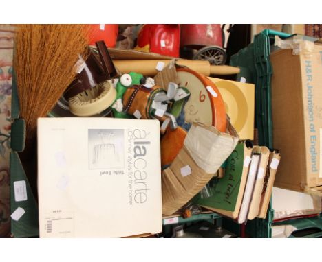 Collection of kitchenalia including cookbooks, wooden rolling pin, weighing scales etc (Q)