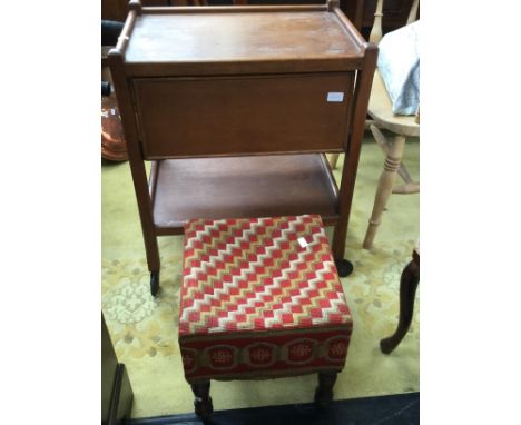Embroidered stool, wooden lamp and American deck chair