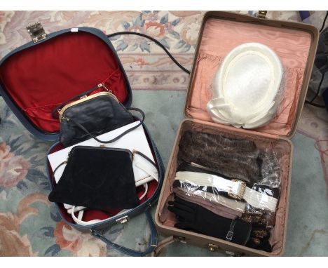 A 1950's vanity case containing a collection of gloves and two faux fur collars, including a faux Ocelot one, and a 1960 vani