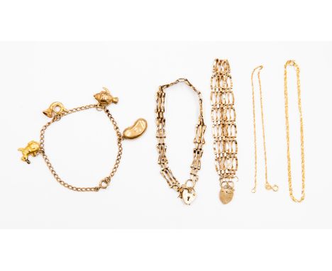 A 9ct gate bracelet with padlock clasps, two further 9ct bracelets, necklace 9ct etc, combined total weight approx 24 grams (