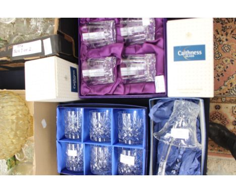 A set of six Tutbury glass boxed whisky's, a Melbourne, crystal basket, two Caithness glass vases, golfing interest; Edinburg
