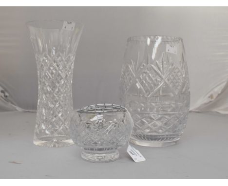 Large 25 cms high approx crystal bouquet vase, large Stuart crystal 23 cms high approx tapering vase plus a small rose bowl