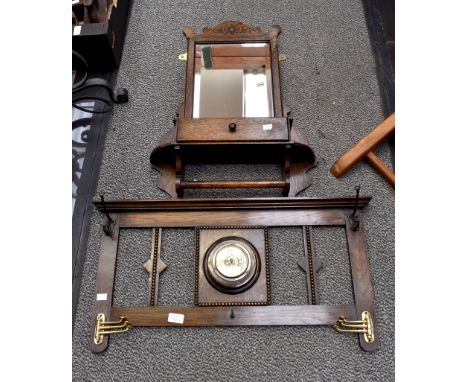 Wall mounted hat and coat rack, with barometer,  along with a small oak framed mirror with drawer 