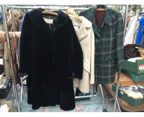 A cream wool 1960's ladies coat in mohair, pure wool with mottled button and a green, beige and grey check wool coat by Julia