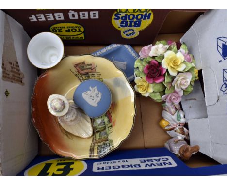 A collection of ceramics comprising; Royal Doulton Dickens series ware bowl; a Royal Doulton Poppy Eyebright figure; two Besw