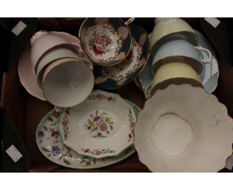 Haddon Hall bowl, dishes together with a harlequin teaset Royal Vale and a china tea set, 1970's Sheriden (2 boxes)