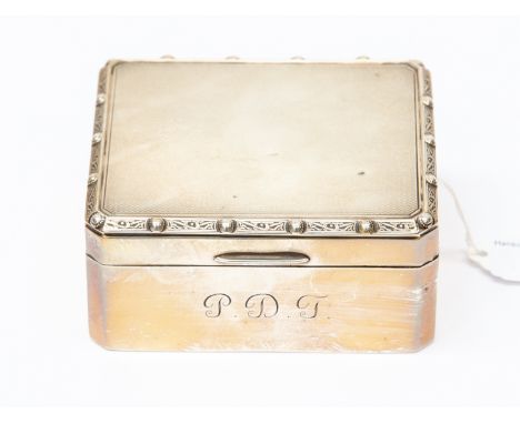 Silver, Birmingham 1959, cigarette box, engine turned detail, 10 cms wide approx and wooden interior, total gross weight 262 