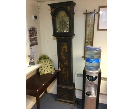  A George II Chinoiserie lacquered longcase clock, the arched brass dial with silvered chapter ring,  roman and arabic numera