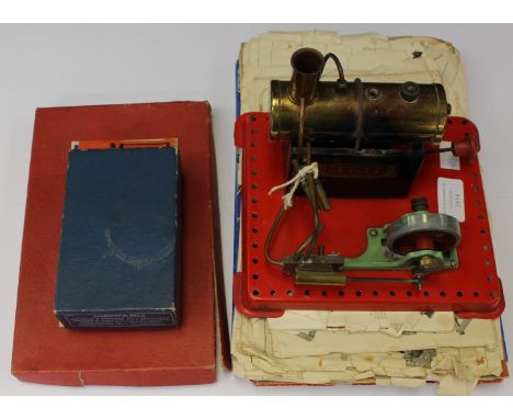 Mamod stationary steam engine, Meccano Motor No 1 clockwork in box, Meccano gears  outfit in box, Meccano catalogues x 16, 19