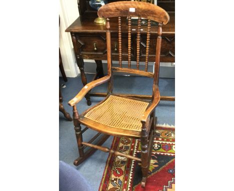 19th Century rocking chair, reed/woven seat, bobbin, turned stick back, together with Bentwood/turned kitchen chair (2)