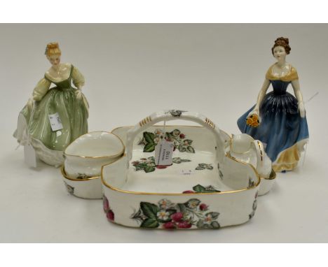 Hammersley and Co Strawberry pattern china basket, cream jug and sugar bowl, Royal Doulton, Melanie figurine and Royal Doulto