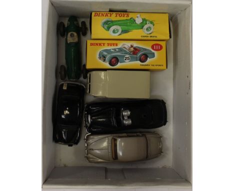 Selection of diecast vehicles including Dinky Cooper-Bristol, along with two reproduction boxes (7)