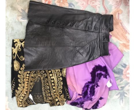 A black leather 1960, mini skirt, button down front, decorated with a gold thread design kaftan top - 1970 (Far Eastern); a m
