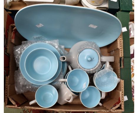 Poole Pottery teaset, six plates, saucers, cups, tea pot, and large plate, pale blue and cream