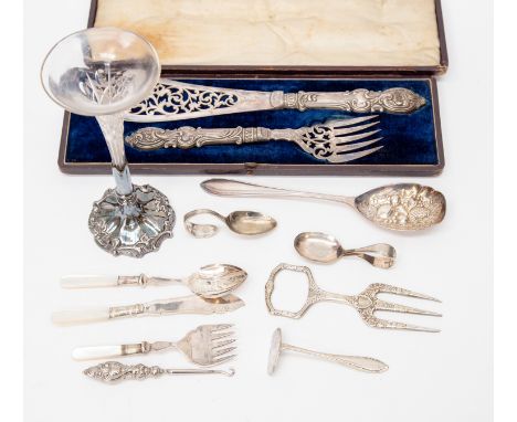 Group of silver plate and EPNS items including spoons, button hook, large fruit serving spoon, fork, mother of pearl handles,