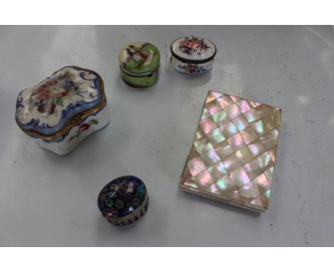Four patch boxes and mother of pearl card case, early 19th Century and modern