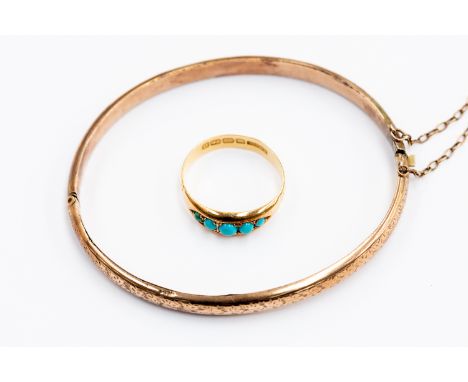 A 19th Century turquoise and 22ct gold ring, set with five graduated cabochon turquoise stones, size O, total gross weight 3.