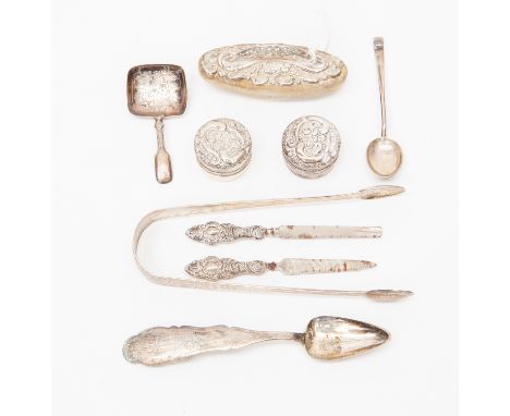 Small collection of silver including ladies manicure items and spoons, one caddy spoon Birmingham 1827, probably Joseph Willm