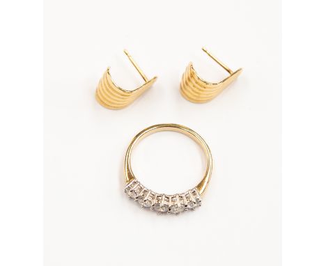 An unmarked pair of 9ct gold earrings, scallop shape, length approx 15mm, weight approx 2.8gms,  along with a cubic zirconia 
