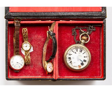 A jewellery box containing a rose metal 1930's watch along with a white metal pocket watch and two ladies gilt metal watches 