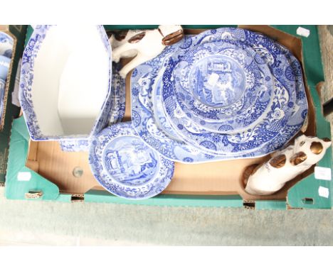 Collection of blue and white 20th Century Copeland Spode with Jasperware candlestick's, Staffordshire dogs and copper half ta