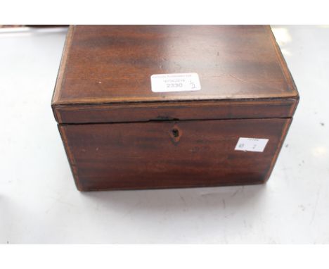 A mahogany tea caddy, contents are buttons, a Tunbridge ware jewel box (2)