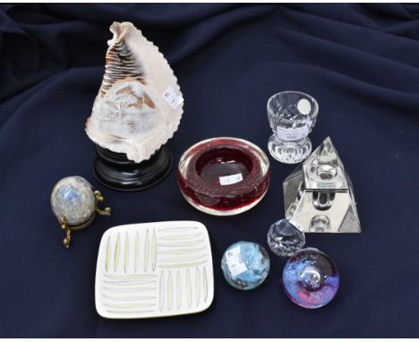 A Whitefriars bubble ruby glass bowl, Alum bay paperweight, Caithness paperweight, 1920's glass inkwell and cover, carved can