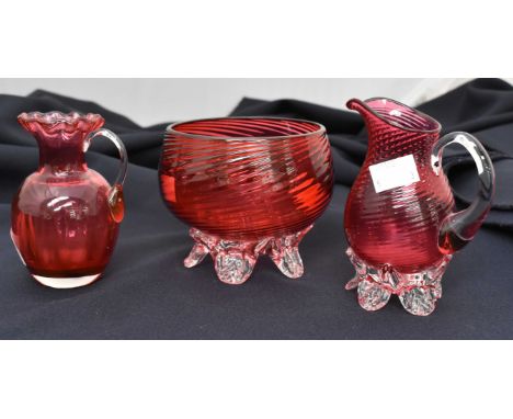 Victorian cranberry glass, bowl, jug and vase (3)