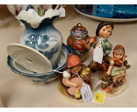 Three Goebel figures, small vase, soap dish and vase