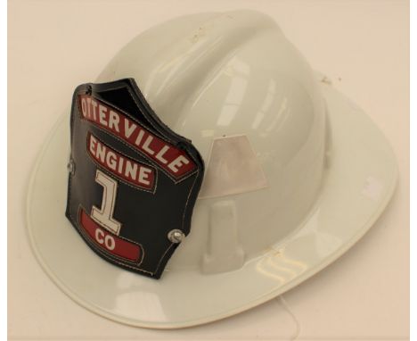 US Fire Department late 1970's white plastic helmet "Otterville Engine 1 Co". Maker marked "Topguard". Complete with liner an