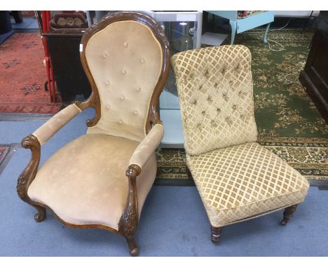A Victorian walnut button backed ladies chair together with a Victorian upholstered nursing chair and a matching parlour chai