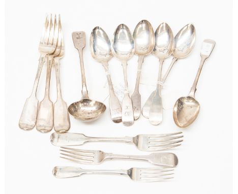 A collection of 19th Century silver fiddle pattern flatware including; 4 table forks, Edinburgh 18XX; 2 dessert forks; 6 dess