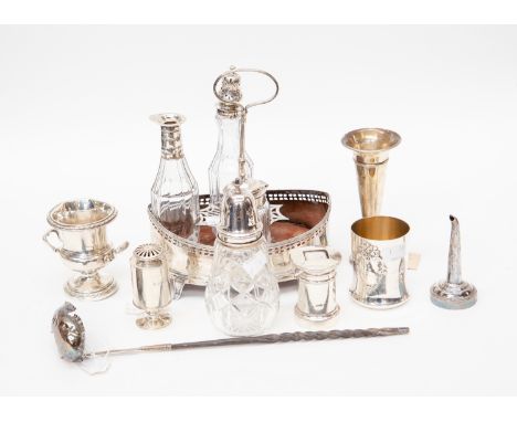 A collection of silver including: a George III silver cruet frame,  boat shaped  having pierced side with ribbed rim and tall