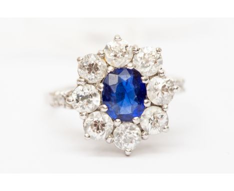 A sapphire and diamond cluster ring, the claw set central oval cut sapphire approx 0.75ct, with a surround of eight round bri