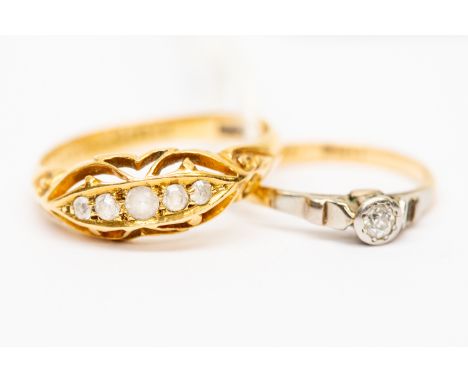 An 18 ct gold and platinum solitaire diamond ring over setting 0.10 ct, together with an 18 ct gold Edwardian Chester ring se