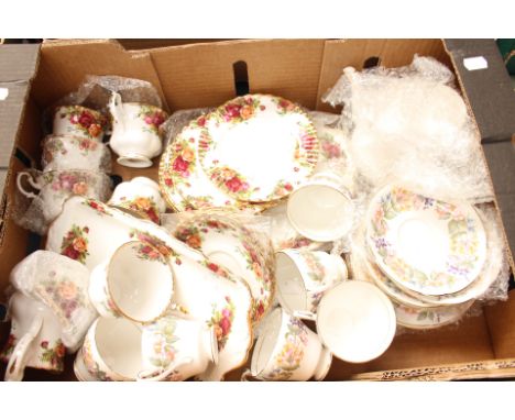 Royal Albert Country Roses tea service, six cups, saucers and plates, tea pot, milk / sugar, BB plate