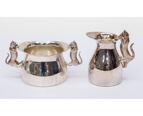 Solid silver cream jug and sugar bowl with cat figures, 11.08 ozt/314 grams approx, jug is London 1989, bowl is London 1994, 