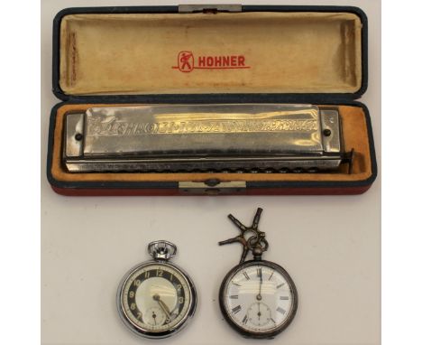 Hohner Harmonica cased along with two pocket watches A/F