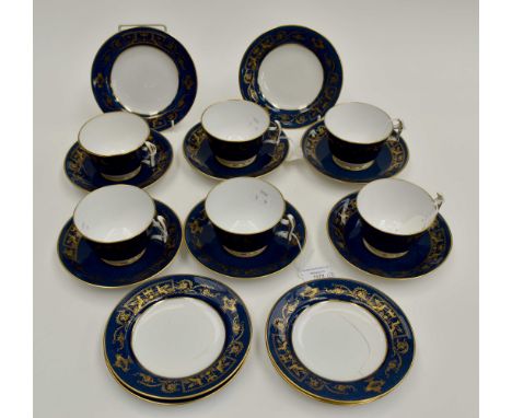 Part tea set blue Spode with classic gilt detail, six saucers and six cups A/F