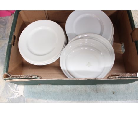 A large collection of assorted white porcelain ceramics, including T.G Green, comprising assorted plates and various cups and